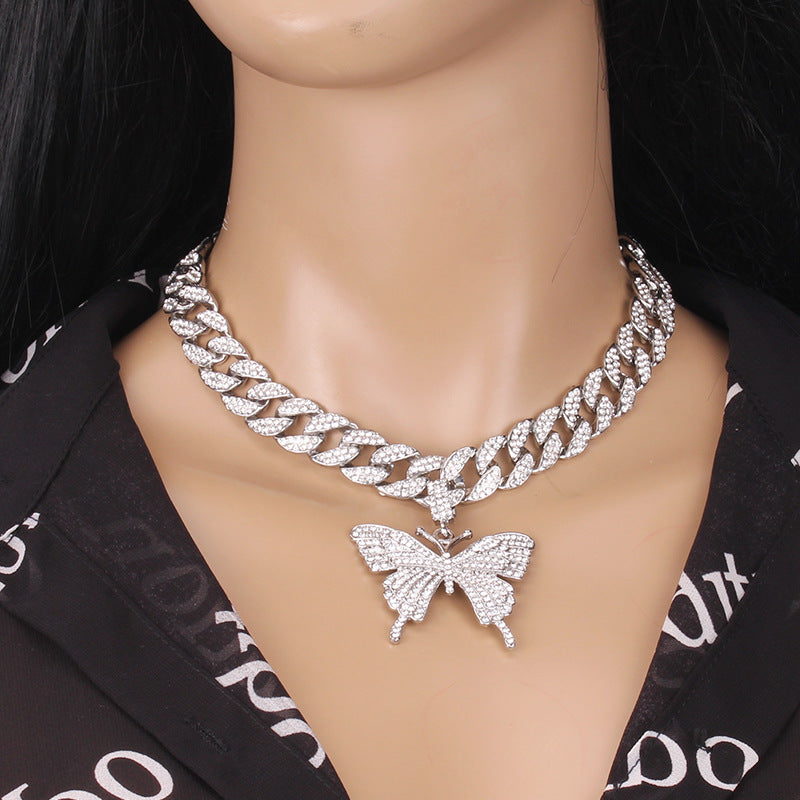 Hip Hop Trend Ins Style Diamond Butterfly Cuban Pull Daikin Clavicle Chain Unisex